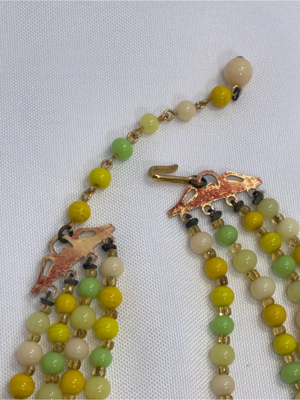 Vintage Multi-strand Pastel Bead Necklace - Yellow, Lime, Pale Peach Art Glass